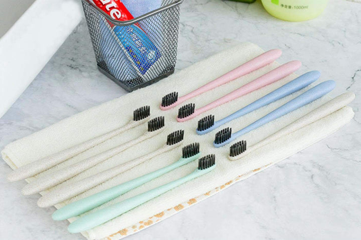 10Pcs Family Pack Eco-Friendly Small Head Wheat Straw Toothbrush, Bamboo Charcoal Soft Bristles Toothbrush for Kids and Adults, Toothbrushes for Sensitive Gums and Teeth, Travel Carry