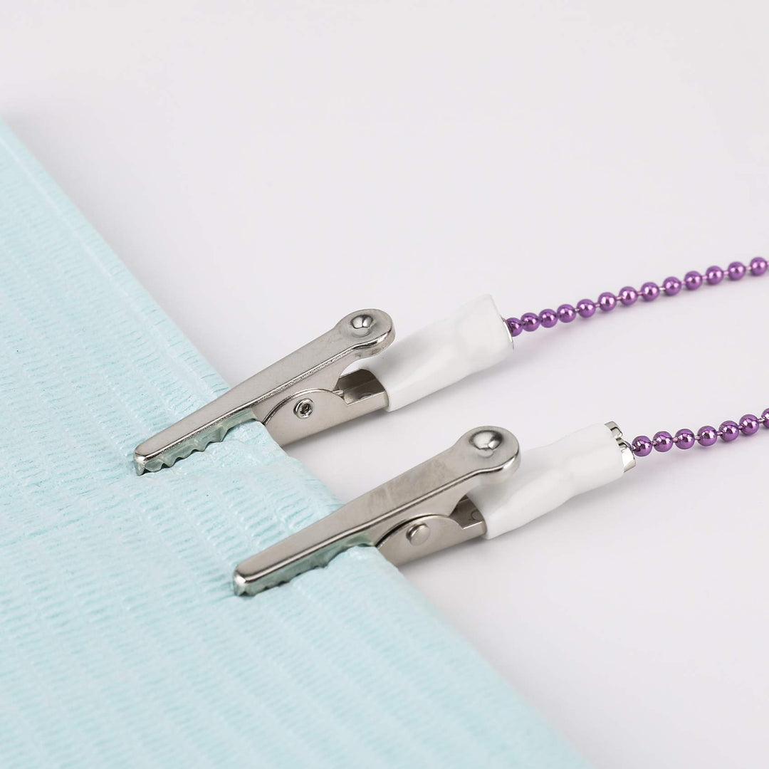 Dental Ball Chain Bib Clip, Flexible Metal Napkin Clips Towel Holder Purple, Anti-Dirty and Easy to Use, Pack of 3 - Sterilizable & Adjustable - 18.9 Inches Length