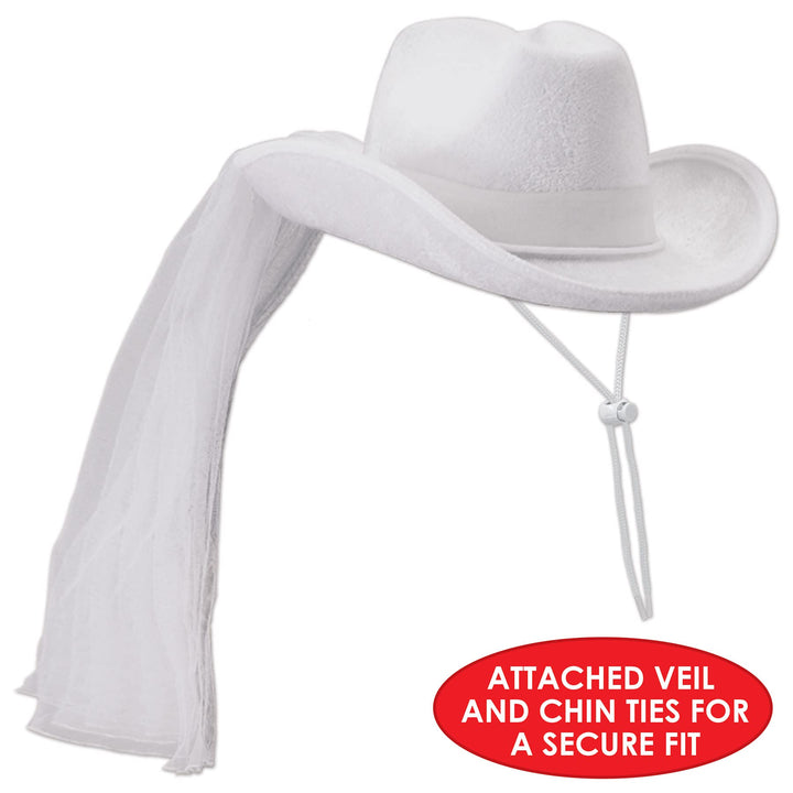 Western Bride’s Cowboy Hat & Veil – One Size Fits Most, Adjustable Chin Strap, Bachelorette Outfit for Bride, Bachelorette Veil for Bride, Novelty Bridal Shower Hat