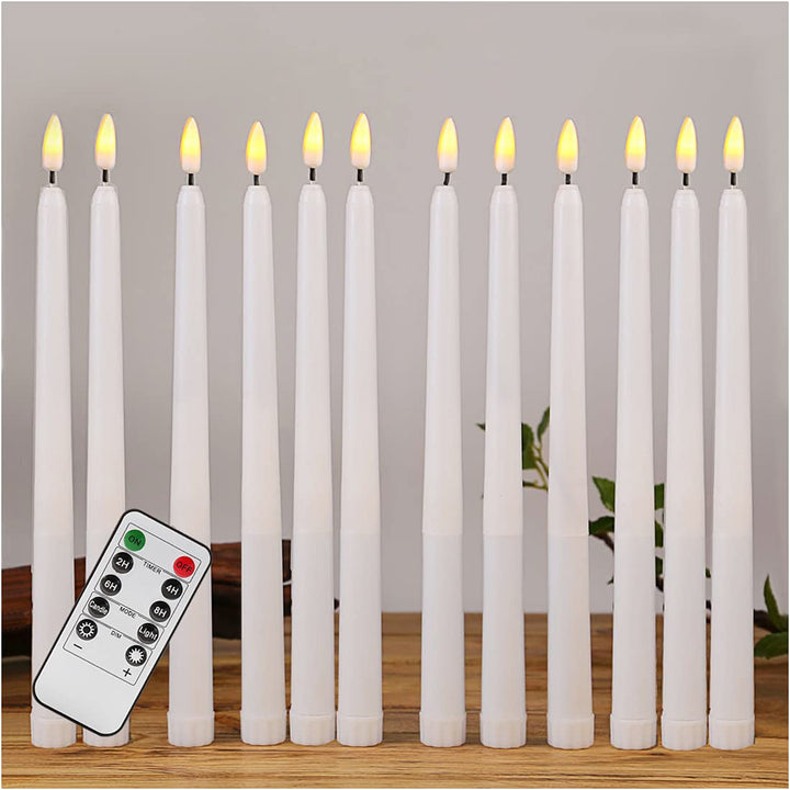 White Flameless Taper Candles with Remote, Flickering Battery Christmas LED Candlesticks Set of 12