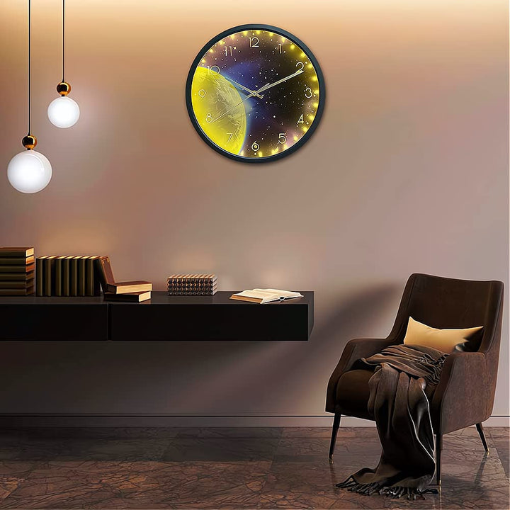 Night Light Wall Clock for Bedroom, 12 Inch Silent Battery-Operated Wall Clocks for Home, Living Room,Kitchen, Large Digital DisplayGlow in The Dark Kids Room Décor-Earth