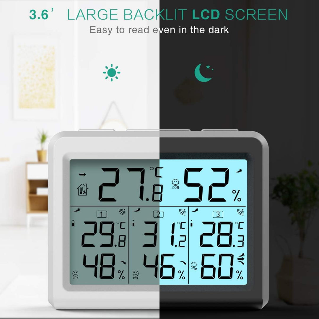 Indoor Outdoor Thermometer, Digital Hygrometer Thermometer, Wireless Temperature and Humidity Gauge Monitor with 3 Sensors, LCD Backlight for Home, Office, Bedroom, White