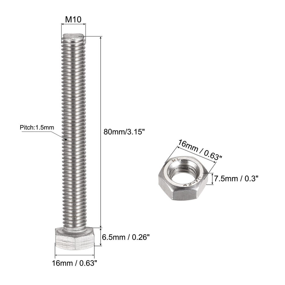 M10 x 80mm Hex Head Screws Bolts, Nuts, Flat & Lock Washers Kits, 304 Stainless Steel Fully Thread Hexagon Bolts 4 Sets
