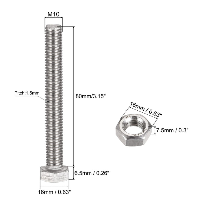 M10 x 80mm Hex Head Screws Bolts, Nuts, Flat & Lock Washers Kits, 304 Stainless Steel Fully Thread Hexagon Bolts 4 Sets