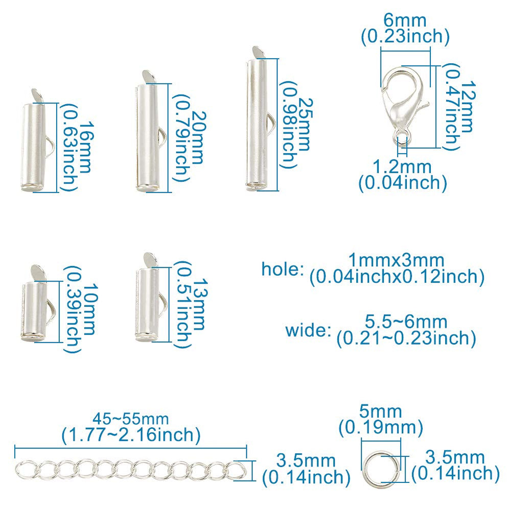 Pandahall 100pcs Silver Tube Brass Slide On End Clasp with Alloy Lobster Claw Clasps and Stainless Steel Open Jump Ring Iron Twist Extender Chains for Jewelry Making
