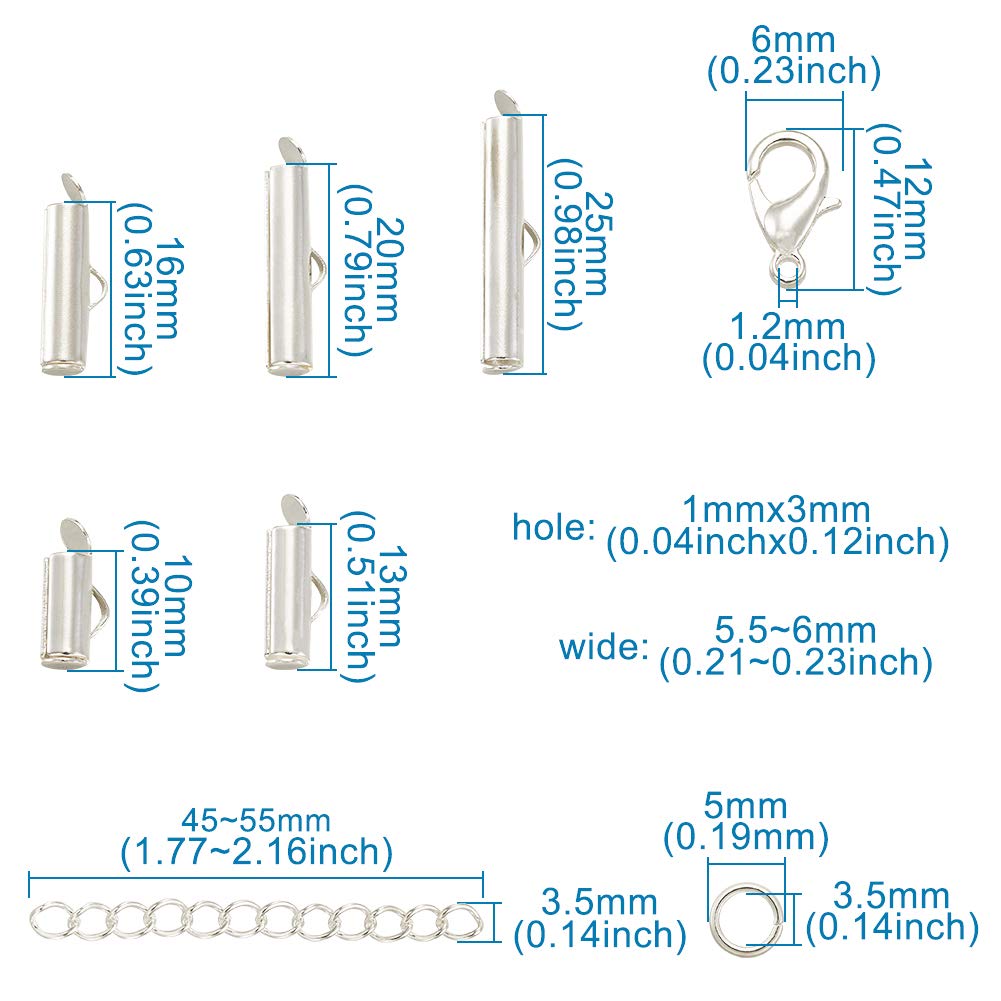 Pandahall 100pcs Silver Tube Brass Slide On End Clasp with Alloy Lobster Claw Clasps and Stainless Steel Open Jump Ring Iron Twist Extender Chains for Jewelry Making