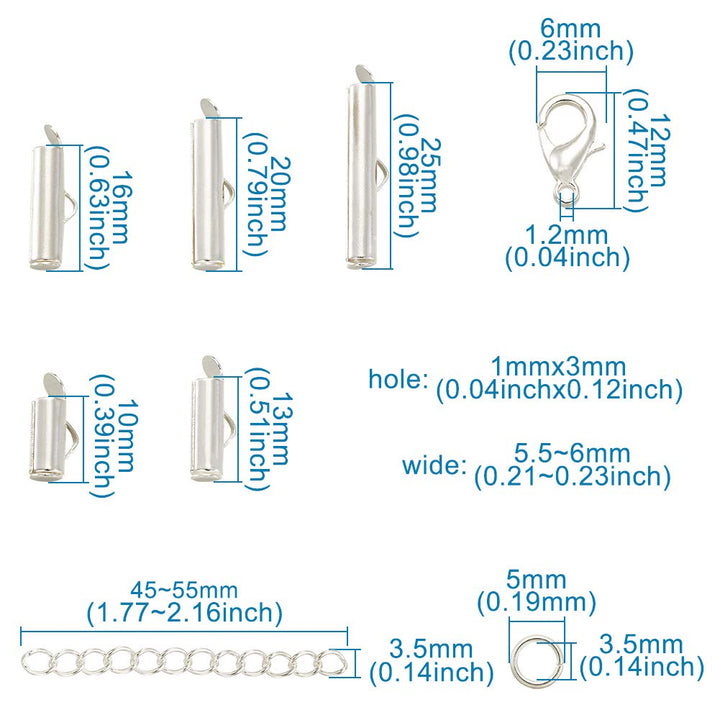 Pandahall 100pcs Silver Tube Brass Slide On End Clasp with Alloy Lobster Claw Clasps and Stainless Steel Open Jump Ring Iron Twist Extender Chains for Jewelry Making