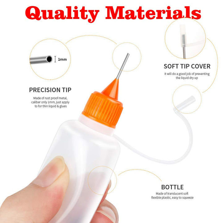 15pcs Precision Tip Applicator Bottles, 30ml 5 Colors Needle Fine Tip Squeeze Glue Applicator Bottles, 10pcs Needle Tips, 5pcs Mini Funnel for Quilling Craft Paint Ink