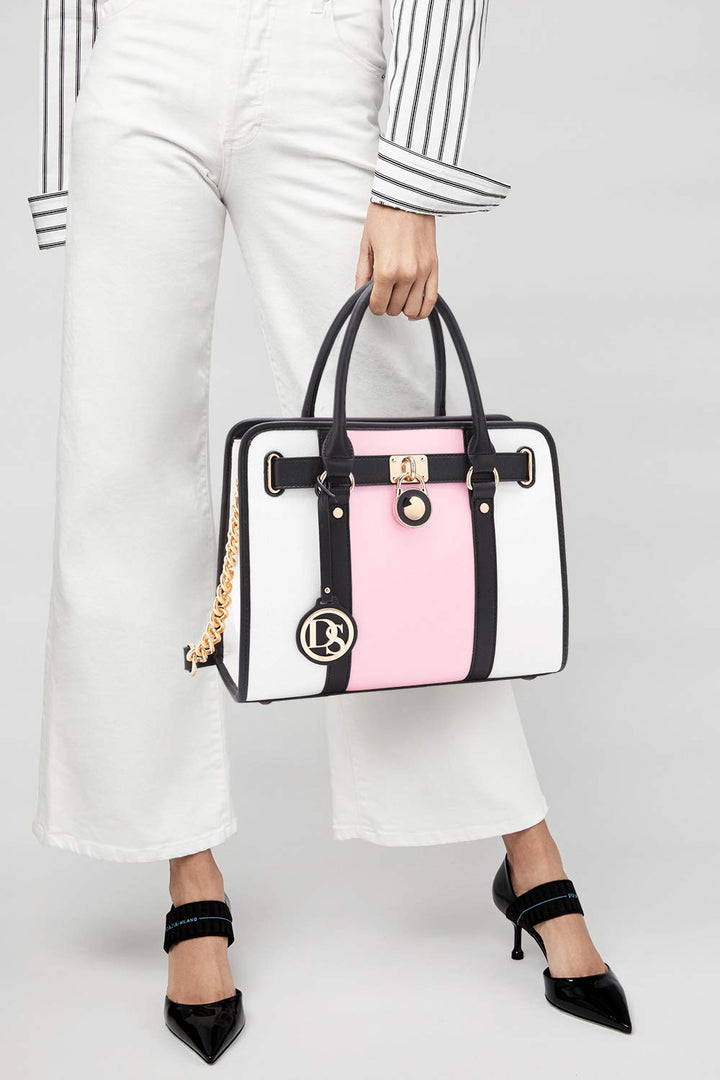 Two Tone Satchel Handbags Purses for Women Vegan Leather Shoulder Bags Large Tote Bag with Matching Wallet/Chain Strap