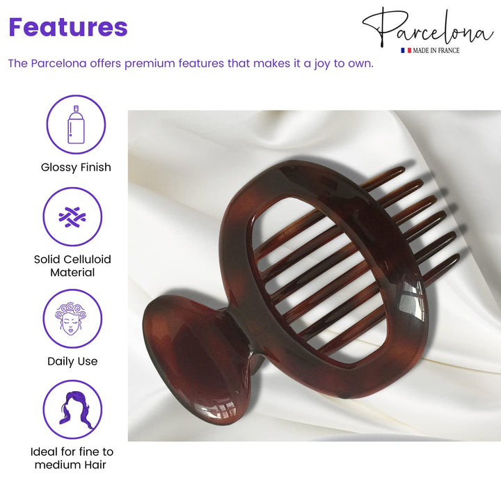 French Large Oval Shell Brown 4 Inches Celluloid Side Slide In Secure Grip Hair Updo Hinge Hair Claw