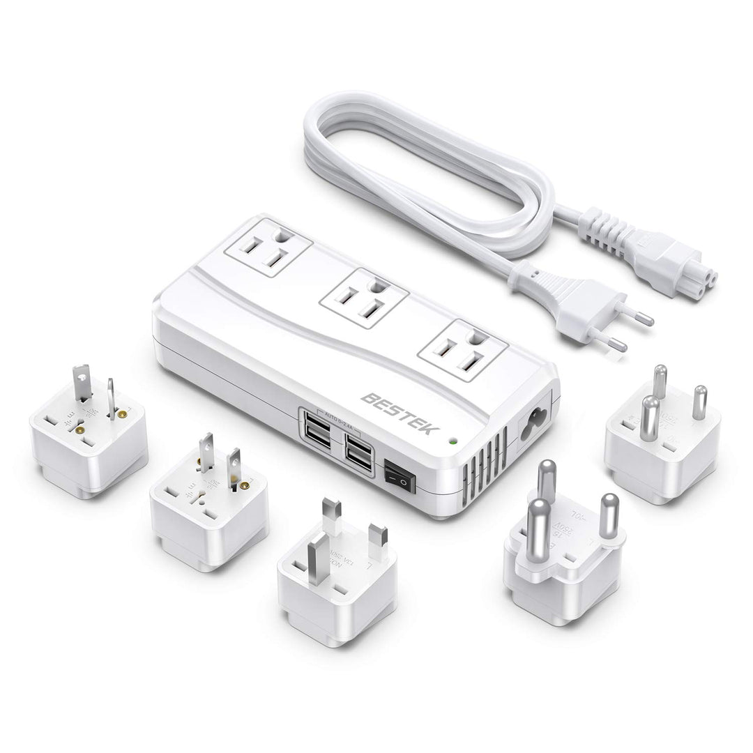 International Power Adapter 250W, 220V to 110V Step Down Travel Voltage Converter with 4-Port USB Including US/AU/EU/UK//India/South Africa Plug Adapter (White)
