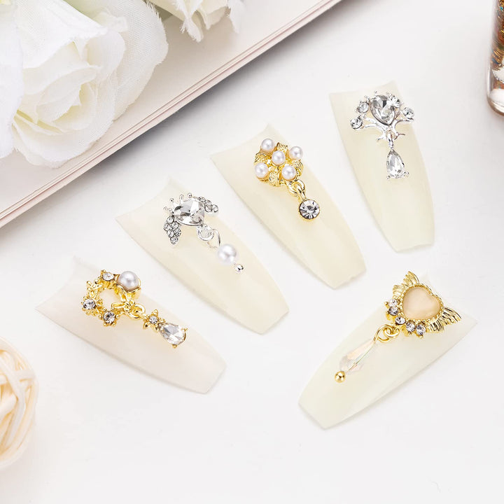 48PCS 3D Bow Nail Art Charms Rhinestones, Luxury Metal Crystal Diamonds with Pearls for Nail Design, Dazzling Heart Butterfly Pendant Gems for DIY Salon Manicure Decoration Jewelry Crafting