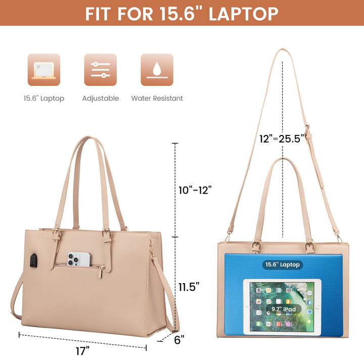 Laptop Bag for Women, Fashion Computer Tote Bag Large Capacity Handbag, Leather Shoulder Bag Purse Set, Professional Business Work Briefcase for Office Lady, 2PCs, 15.6-Inch, Nude Pink