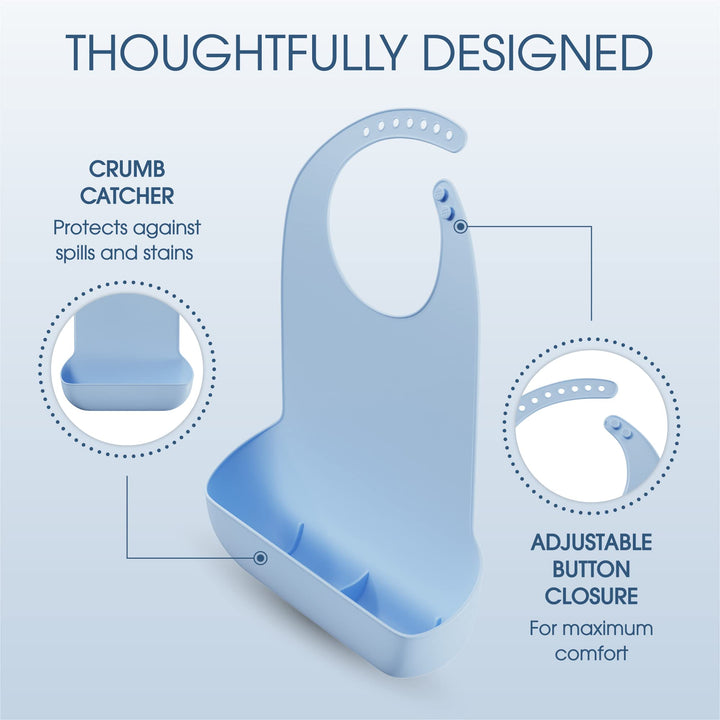 Adult Bibs for Elderly - Comfortable and Easy to Clean Silicone Bibs for Adults with Easy to Use Button Closure and Bottom Crumb/Liquid Catcher, Dishwasher Safe