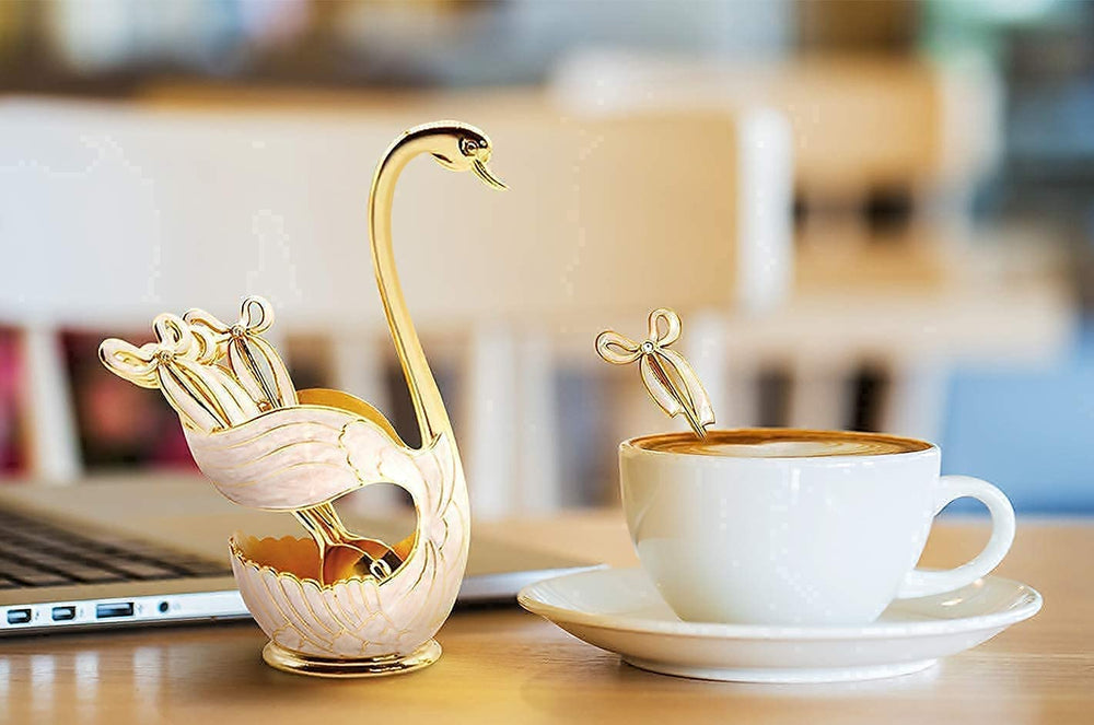 Coffee Dessert Spoon Set Metal Swan Base Holder Spoon Organizer with 6pcs Ice Cream Spoons Teaspoons Coffee Dessert Flatware (Gold)