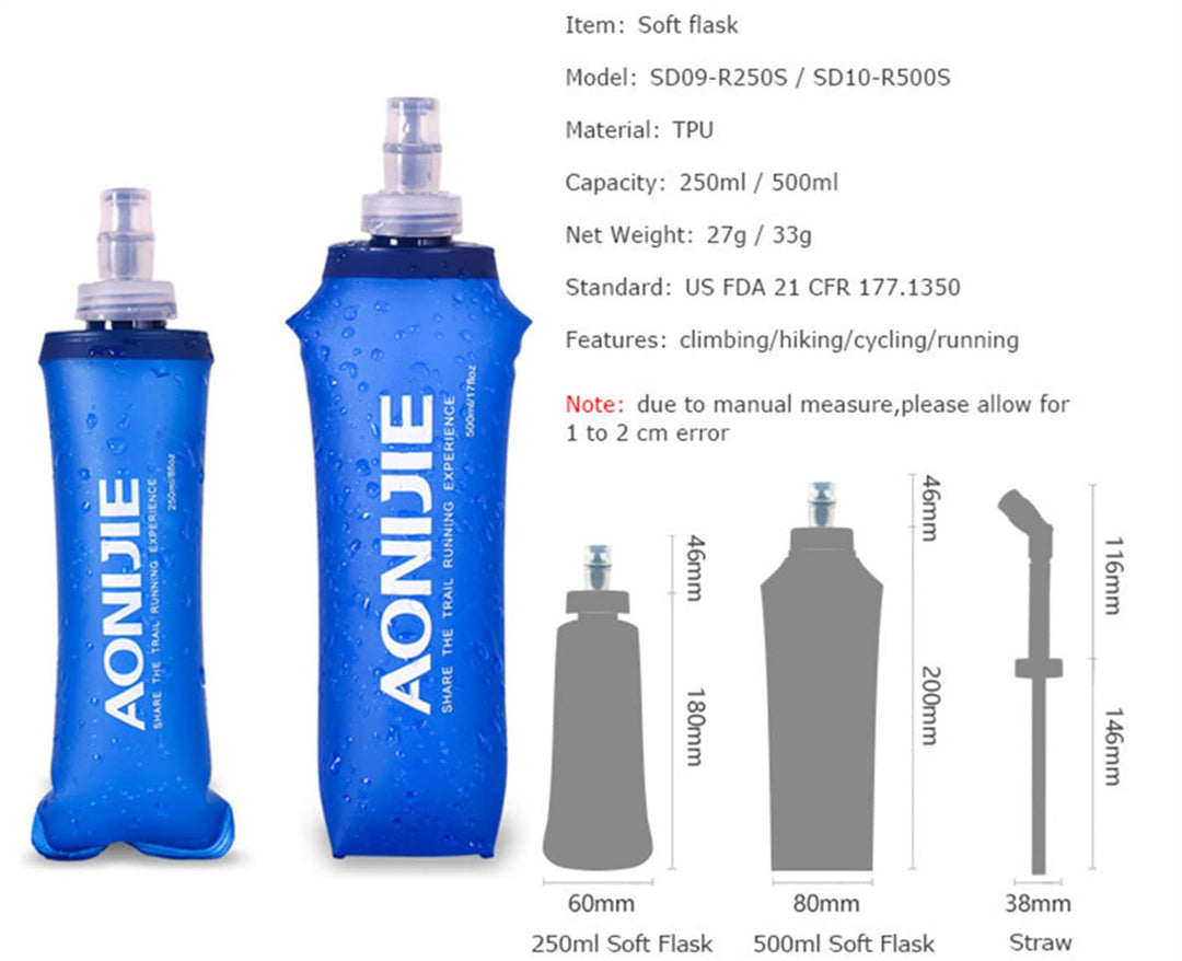 2pcs Foldable 250mL/500mL TPU Outdoor Sport Water Hydration Bottle Soft Flask For Running Camping Hiking Bicycle (500ML-2pcs)