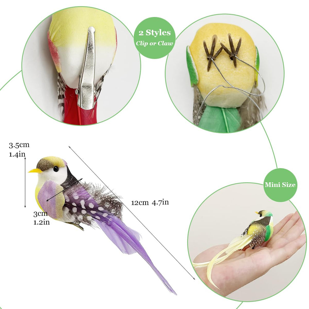 12pcs Artificial Simulation Foam Feather Birds 4.7 Realistic Sparrow Bird Clip on Ornaments for Christmas Tree Decoration Wreath Crafts Home Party Accessories