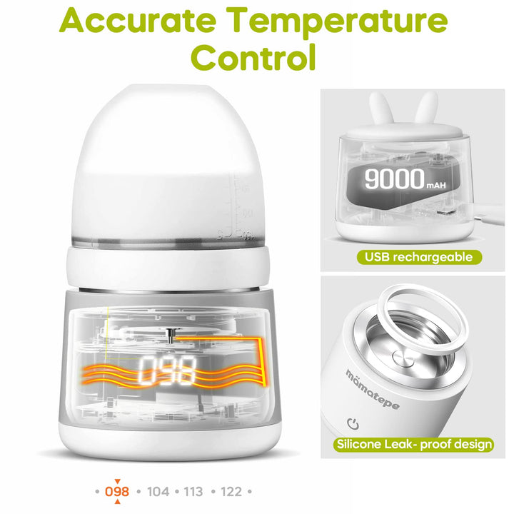 Mamatepe 2-in-1 Portable Bottle Warmer for Travel, Baby Milk Warmer on The go, Baby Brew Bottle Warmer for Breastmilk, Formula, Water, USB Rechargeable 4 Temperature Setting (Not Include Adapters)
