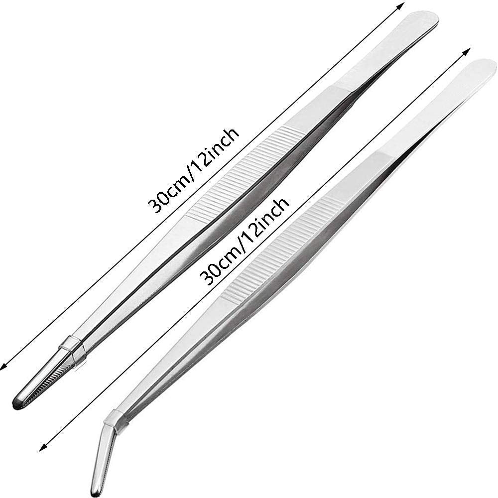 Kitchen Tweezers (12 Inch) Stainless Steel Tongs Set of 2 with Precision Serrated Tips for Cooking and Medical
