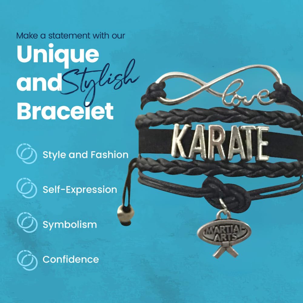 Karate Charm Bracelet - Infinity Karate Adjustable Charm Bracelet with Martial Arts Charm - Gift for Women (Black)
