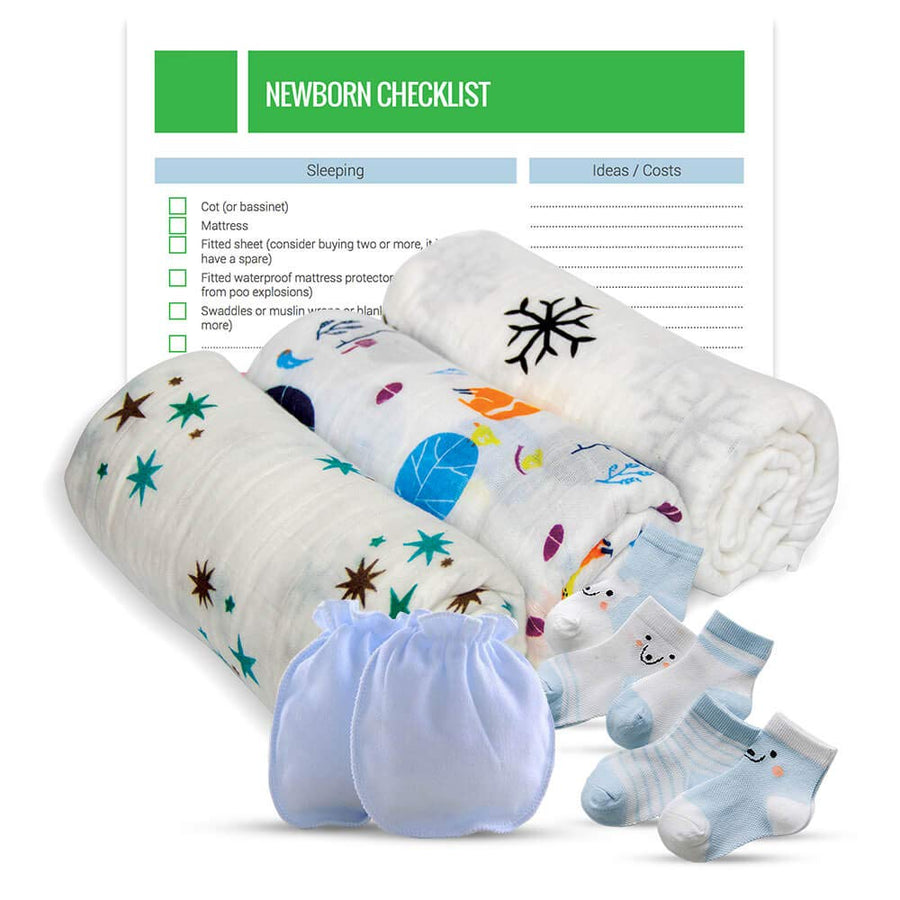 Baby Boy Swaddle Blanket, Baby Mittens 0-6 months & Baby Socks Giftable Set. Nursery Checklist on All New Born Essential Included