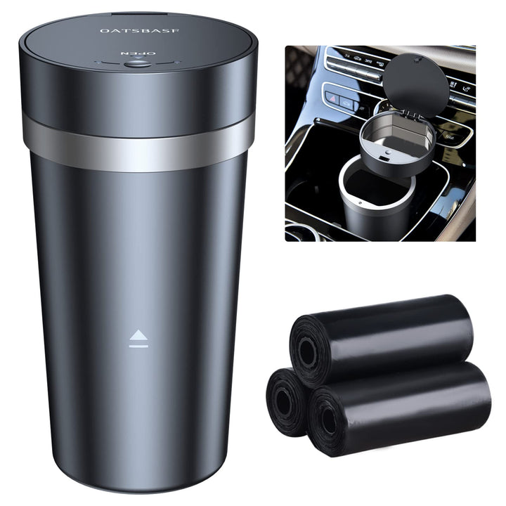 2 in 1 Car Cup Holder Trash Can, Mini Car Trash Can with Lid and 3 Roll Mini Trash Bags, Small Coin Holder for Car with Dual Space, Waterproof Car Garbage Can Cup Holder -Round