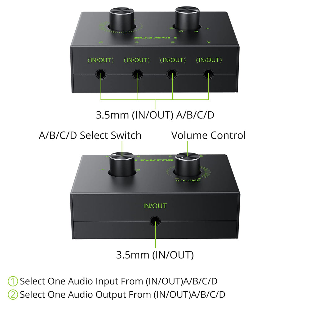 4 Port 3.5mm Stereo Audio Switch, 4 Way Stereo Audio Selector, 4 Input 1 Output / 1 Input 4 Output Audio Splitter with Volume Control and 4 Channel Switch Knob