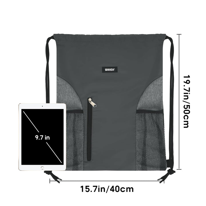 Drawstring Backpack Sports Gym Sackpack with Mesh Pockets Water Resistant String Bag for Women Men (Grey)