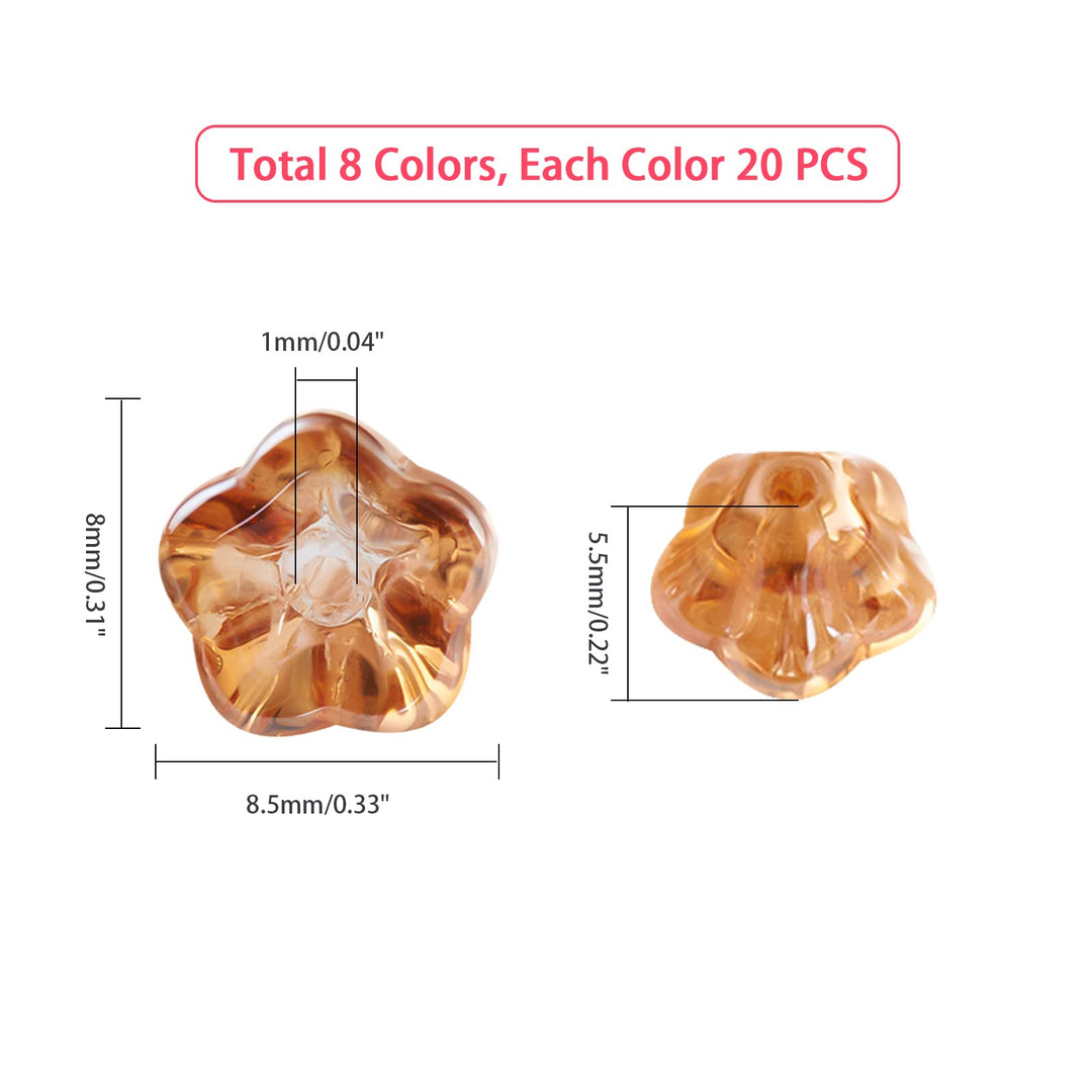 160pcs Crystal Flower Glass Beads, 8mm Trumpet Glass Beads Bulk Bell Flower Spacer Beads for DIY Beading Projects, Bracelets, Necklaces, Earrings Jewelry Making 8 Color