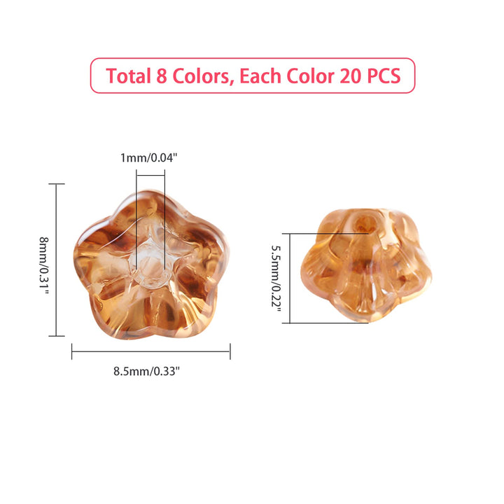 160pcs Crystal Flower Glass Beads, 8mm Trumpet Glass Beads Bulk Bell Flower Spacer Beads for DIY Beading Projects, Bracelets, Necklaces, Earrings Jewelry Making 8 Color