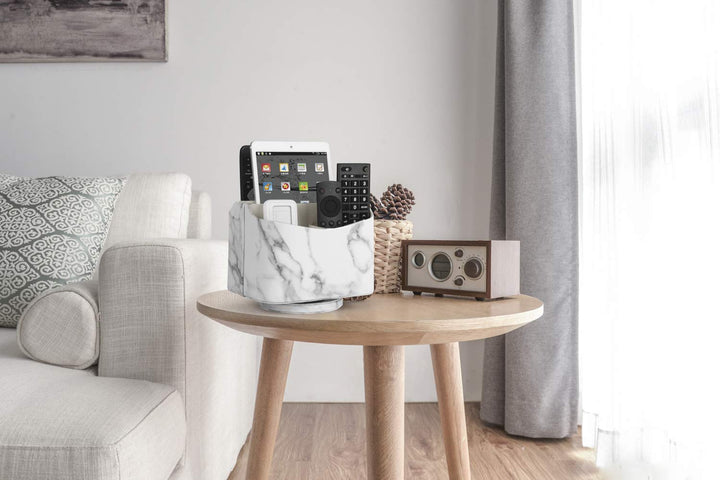 Spinning Remote Control Holder, Remote Controller Holder, Remote Caddy, Media Storage Organizer, Spinning Remote Control Organizer, 7.3X 5.5 x 6 inches, Marble PU Leather