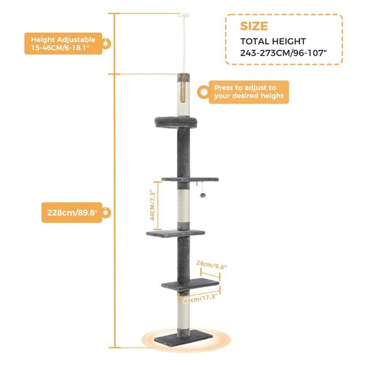 Cat Tower 5-Tier Floor to Ceiling Cat Tree Height(95-107 Inches) Adjustable, Tall Climbing Tree Featuring with Scratching Post, Cozy Bed,Interactive Ball Toy for Indoor Cats/Kitten Grey