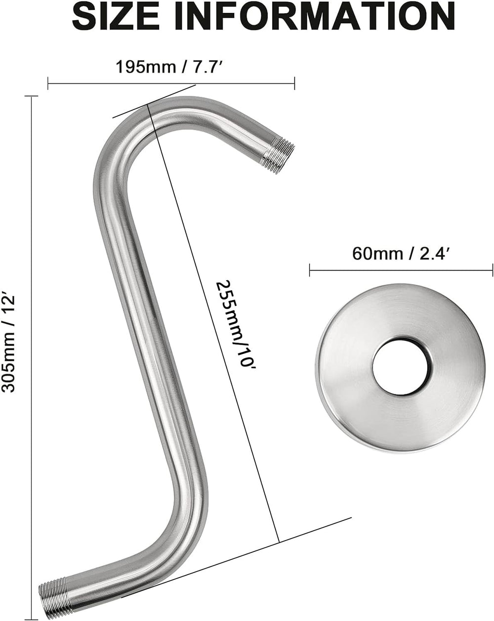 Nearmoon S Shaped Shower Head Riser Pipe, Shower Head Extender Arm with Flange, Standard 1/2 Connection- Bathroom Accessory, 12 Inch (1 Pack, Brushed Nickel)