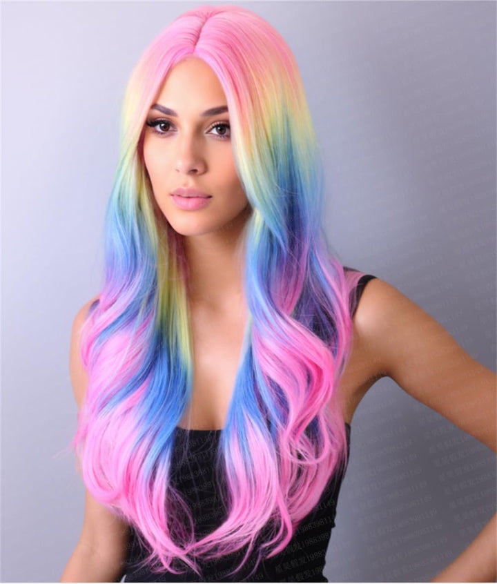 New 27.56'' Long Multicolor Wavy Gradient Spring Bouquet Cosplay Wig Rainbow Colorful Fiber Synthetic Wig For Women