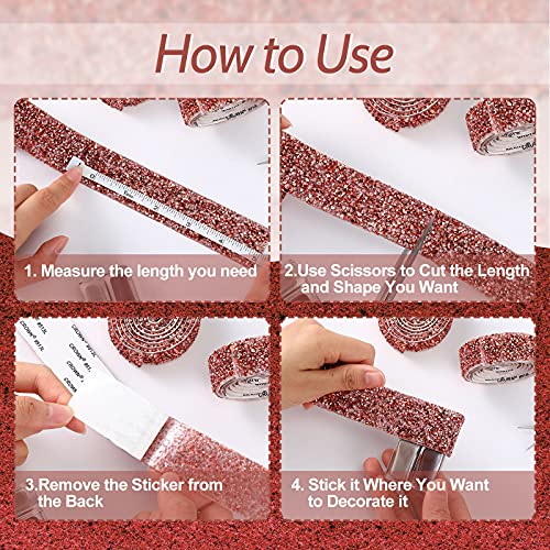 Bling Crystal Rhinestone Ribbon, DIY Self-Adhesive Rhinestone Sticker Ribbon for Wedding Cakes Birthday Crafts Decorations (Pink and Rose Gold,1.1 Inch Wide)