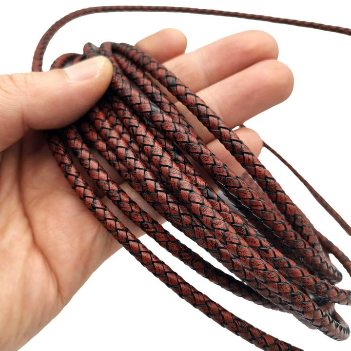 3 Yards Braided Leather Strap 5mm Round Regenerated Leather Cord for Bracelet Making Antique Red Brown