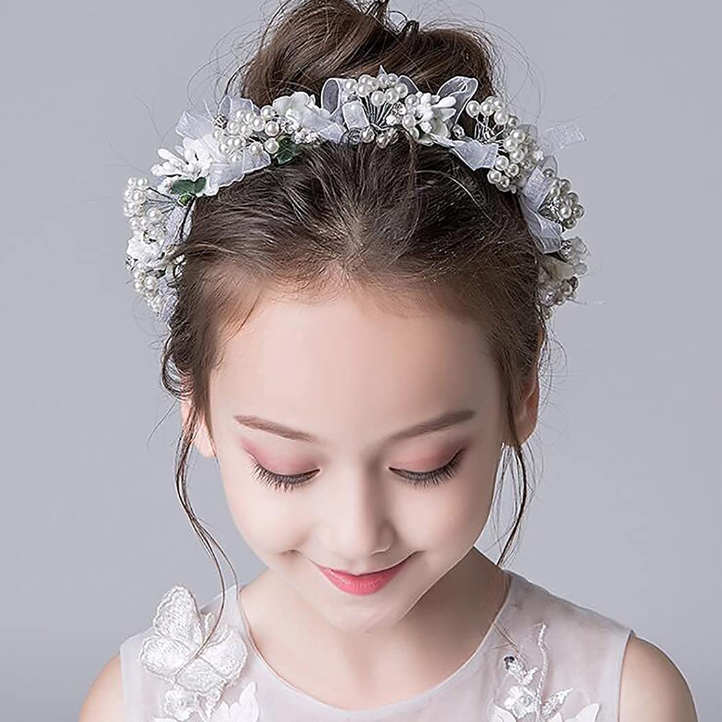Girls Headpiece White Pearl Rhinestone Flower Headband Crystal Communion Hair Accessories Bridal Prom Photography for Women and Girls