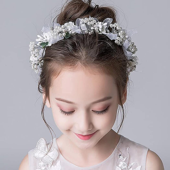 Girls Headpiece White Pearl Rhinestone Flower Headband Crystal Communion Hair Accessories Bridal Prom Photography for Women and Girls