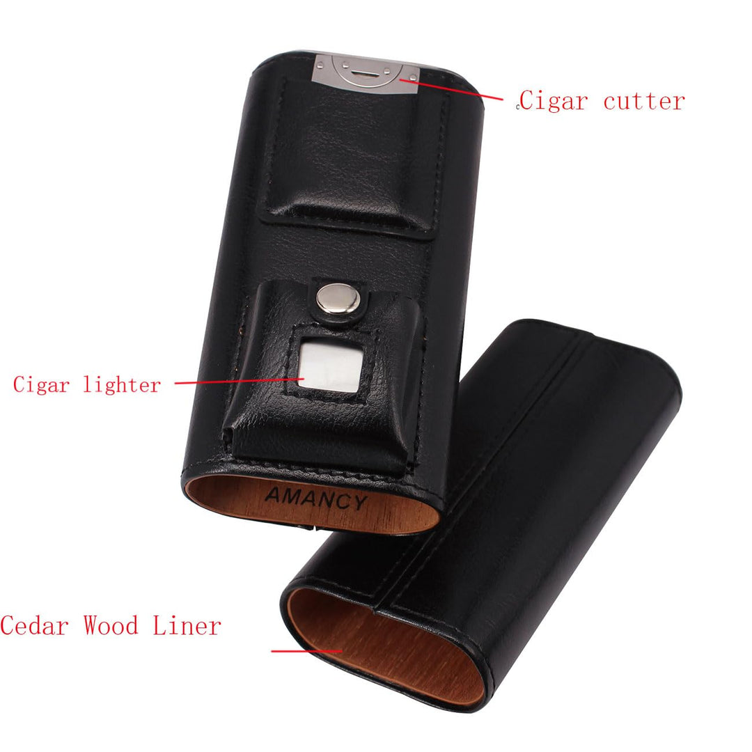 Superior 3 Holder Black Leather Cedar Wood Liner Cigar Case Combo Set with Lighter and Cutter Perfect Completed Gift Kit for Cigar Lovers