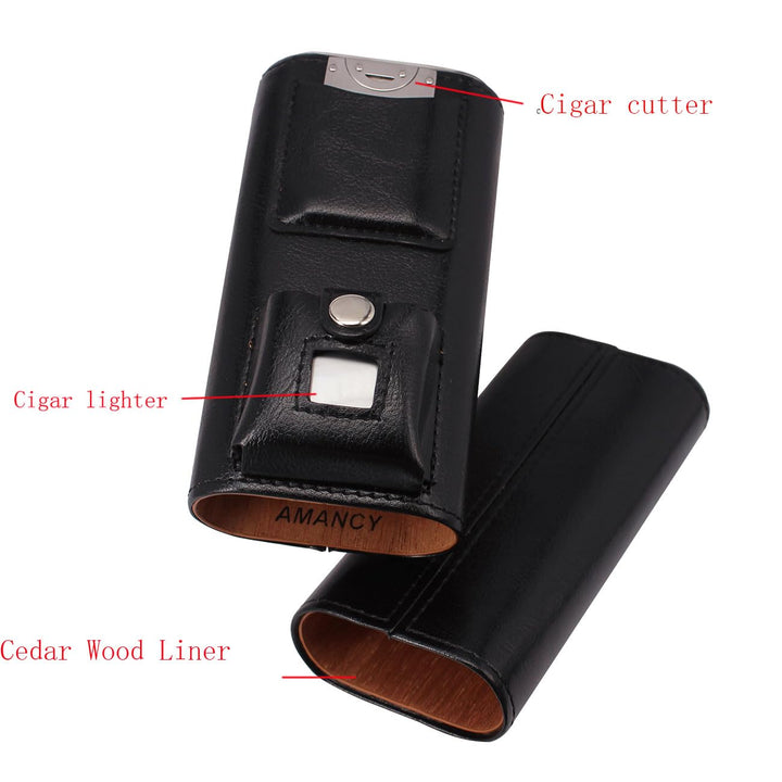 Superior 3 Holder Black Leather Cedar Wood Liner Cigar Case Combo Set with Lighter and Cutter Perfect Completed Gift Kit for Cigar Lovers