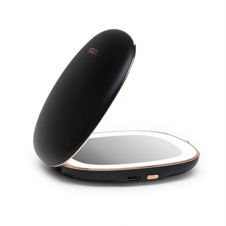 Compact Makeup Mirror with Natural LED Lights, 1x/ 10x Magnifying - Rechargeable, Portable, Lighted 4” Hand Mirror for Travel and Purses, Mila (Black)