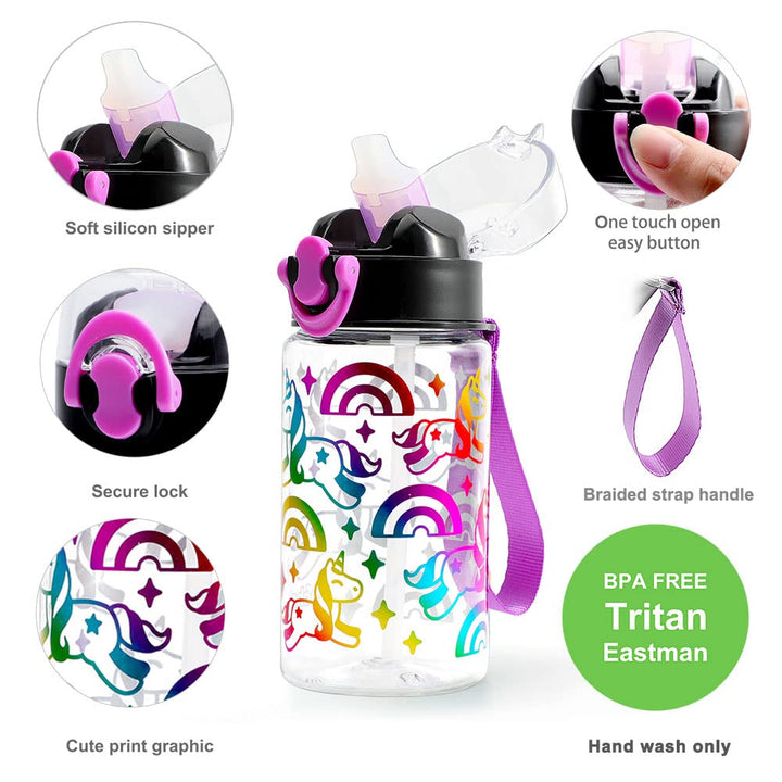 Cute Water Bottle with Straw for Kids Girls Boys, BPA Free Tritan & Leak Proof Flip Top & Soft Silicone Sipper & Easy Clean, 15oz / 450ml (Rainbow Unicorn)