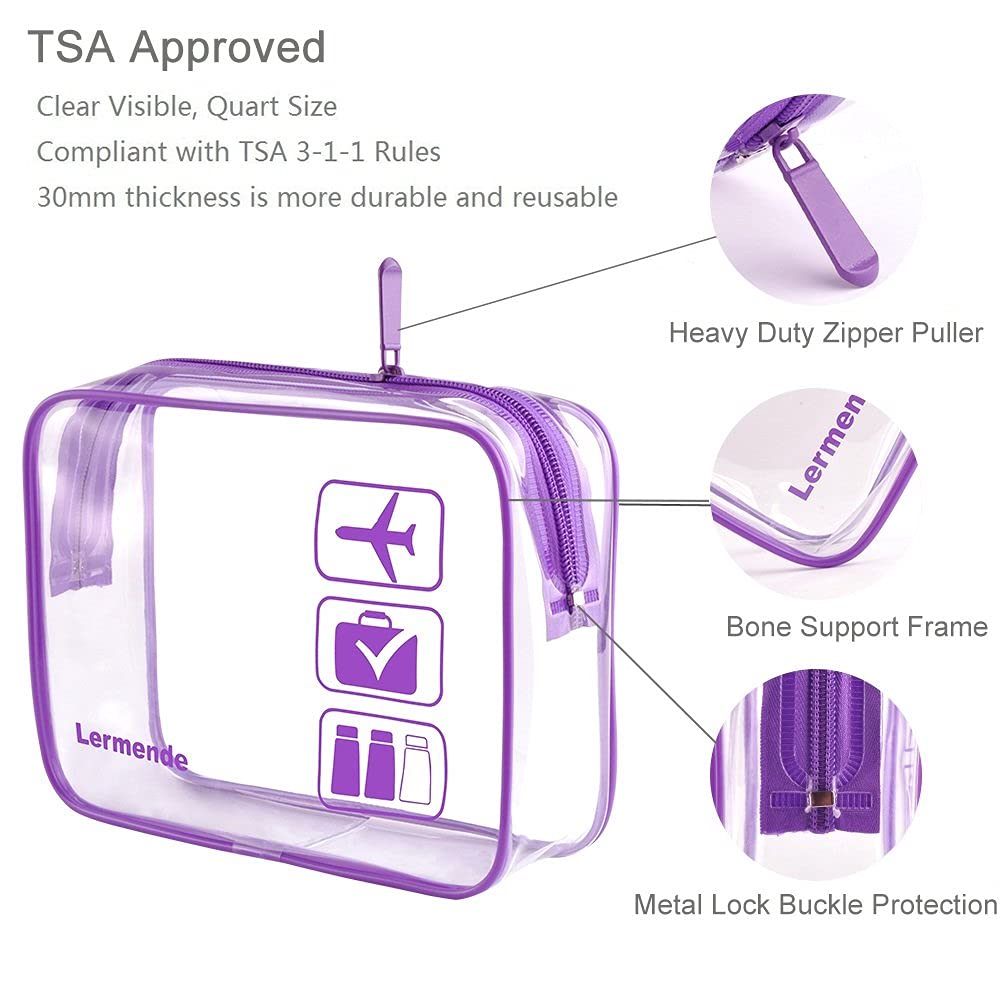 2pcs/pack Clear Toiletry Bag TSA Approved Travel Carry On Airport Airline Compliant Bag Quart Sized 3-1-1 Kit Luggage Pouch (Purple)