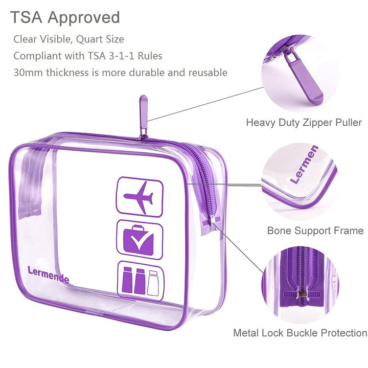 2pcs/pack Clear Toiletry Bag TSA Approved Travel Carry On Airport Airline Compliant Bag Quart Sized 3-1-1 Kit Luggage Pouch (Purple)