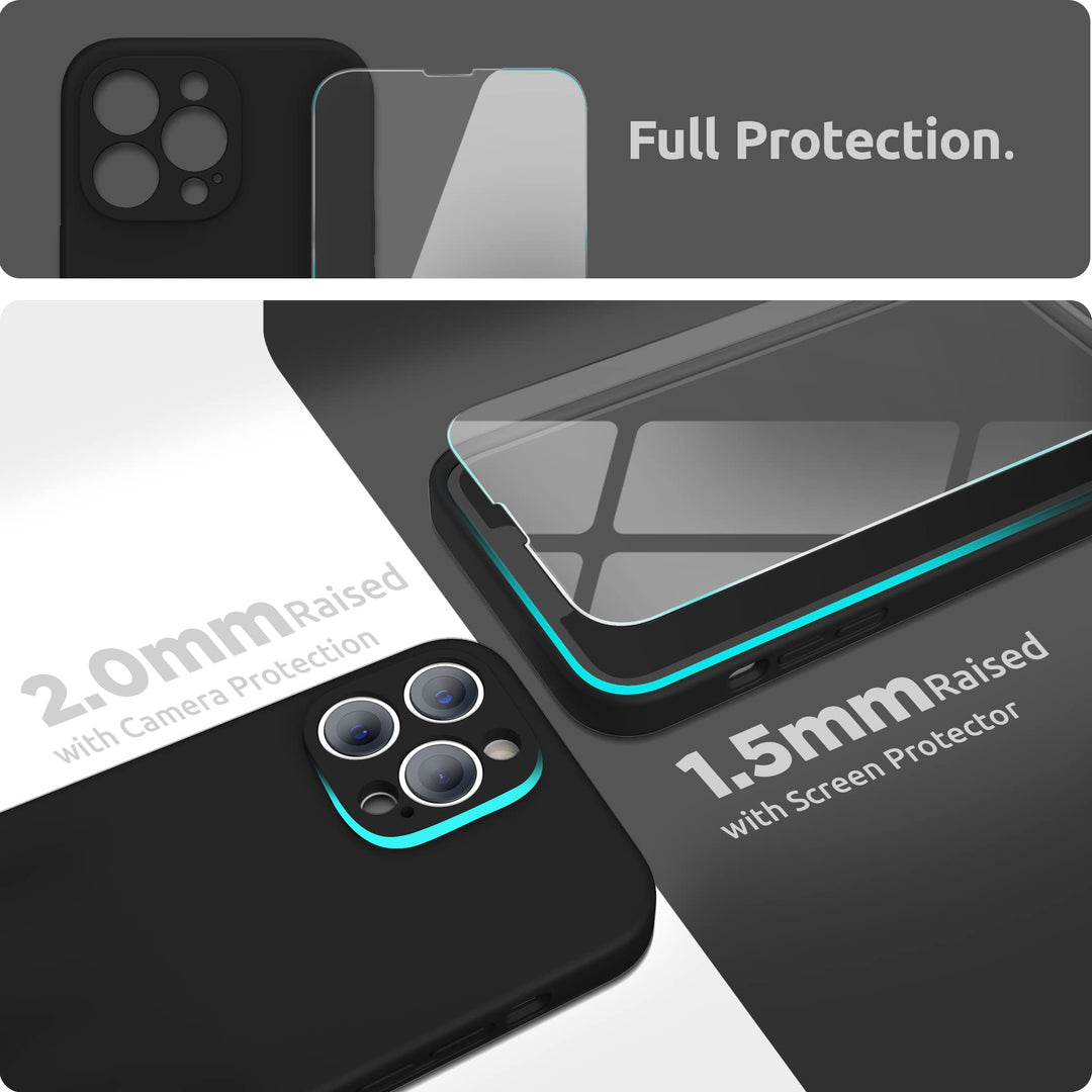 Compatible with iPhone 13 Pro Case with Screen Protector, (Camera Protection + Soft Microfiber Lining) Liquid Silicone Phone Case 6.1 inch 2021, Black