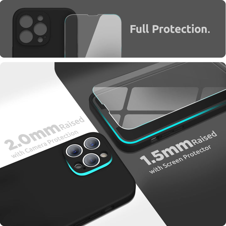 Compatible with iPhone 13 Pro Case with Screen Protector, (Camera Protection + Soft Microfiber Lining) Liquid Silicone Phone Case 6.1 inch 2021, Black