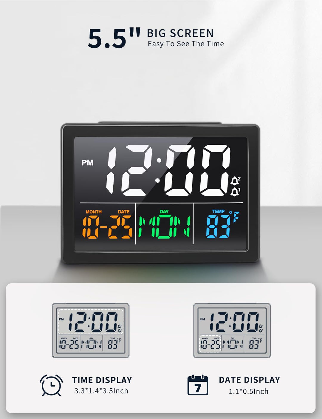 Digital Alarm Clock, with 5.5 Large LED Time Display, Adjustable Alarm Volume, 6 Level Brightness, Alarm Settings, USB Charger, Temperature Detect, Snooze, Clocks for Bedroom, Bedside, Desk, Black