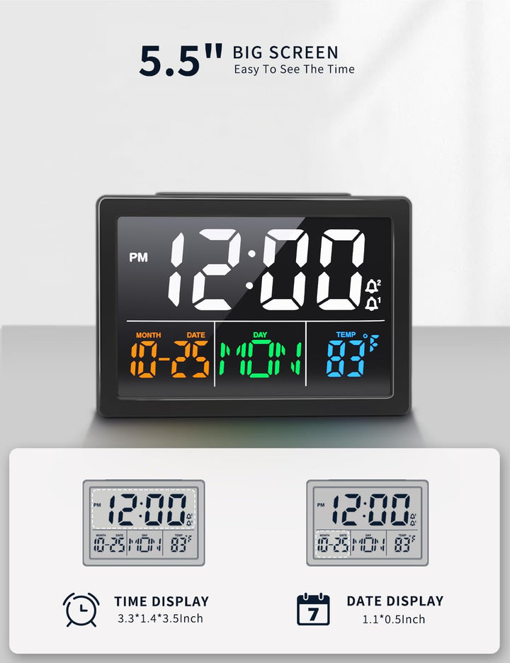 Digital Alarm Clock, with 5.5 Large LED Time Display, Adjustable Alarm Volume, 6 Level Brightness, Alarm Settings, USB Charger, Temperature Detect, Snooze, Clocks for Bedroom, Bedside, Desk, Black