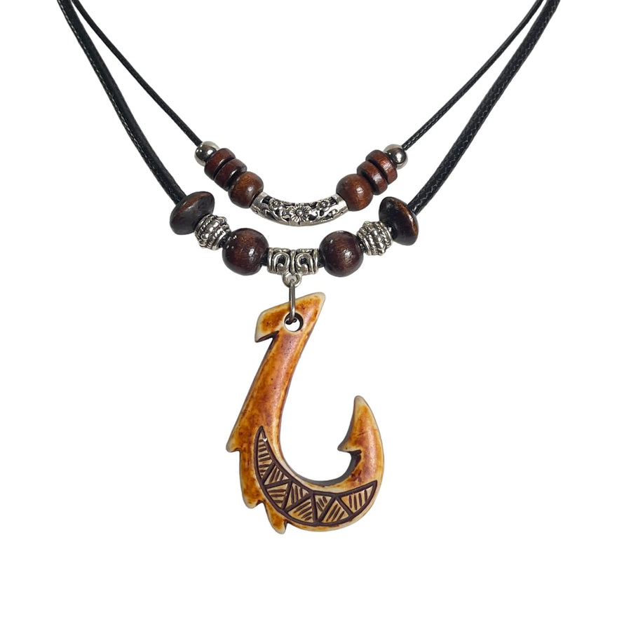 Brown Hawaiian Fish Hook Pendant Necklace Hemp Cord Chain - Maori Tribal Necklace - Adjustable Black Cord