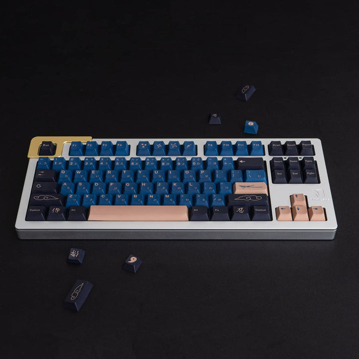 Blue Samurai Keycaps 129 Keys Cherry Profile Dye Sub PBT Keycap Set Japanese Key caps Fit for 61/64/87/104/108 Cherry Mx Switches Mechanical Keyboard